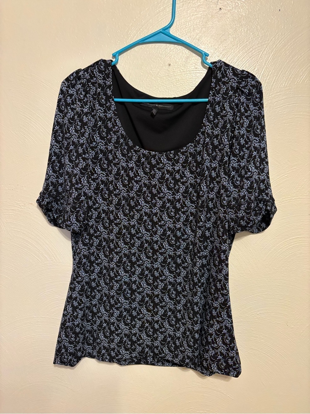 White House Black Market Black Floral Print Puff Sleeve Top Large